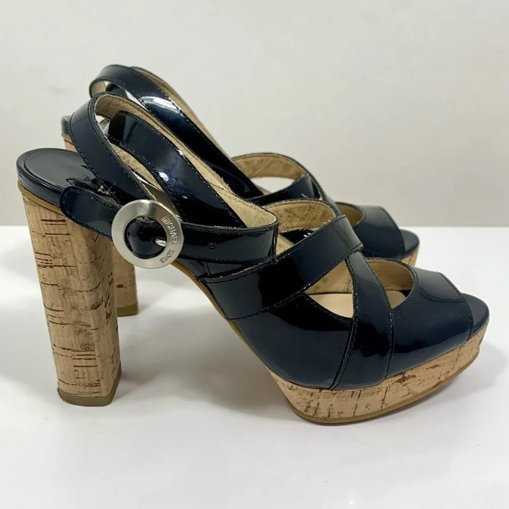 Michael Kors MK Black Patent Leather Strappy Cork Heels Women's Size 6M